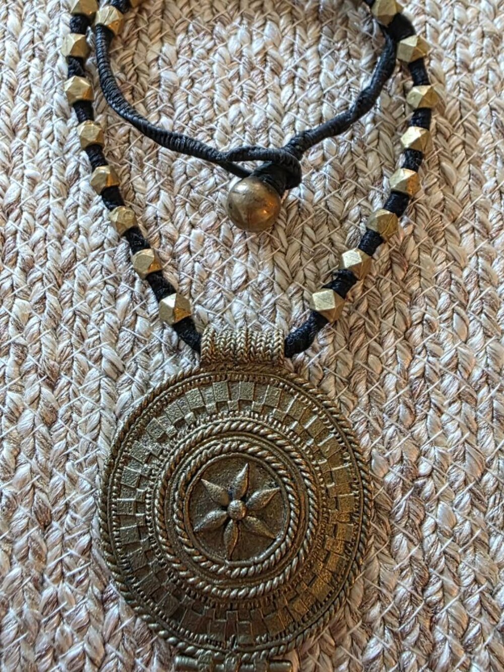 Brass and leather mandala necklace